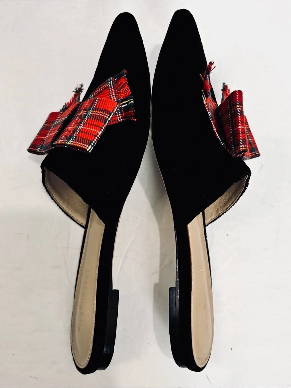 J Mclaughlin Lyon Flats Tartan Red Bow Pointed Toe Black Velvet Slide On Loafers